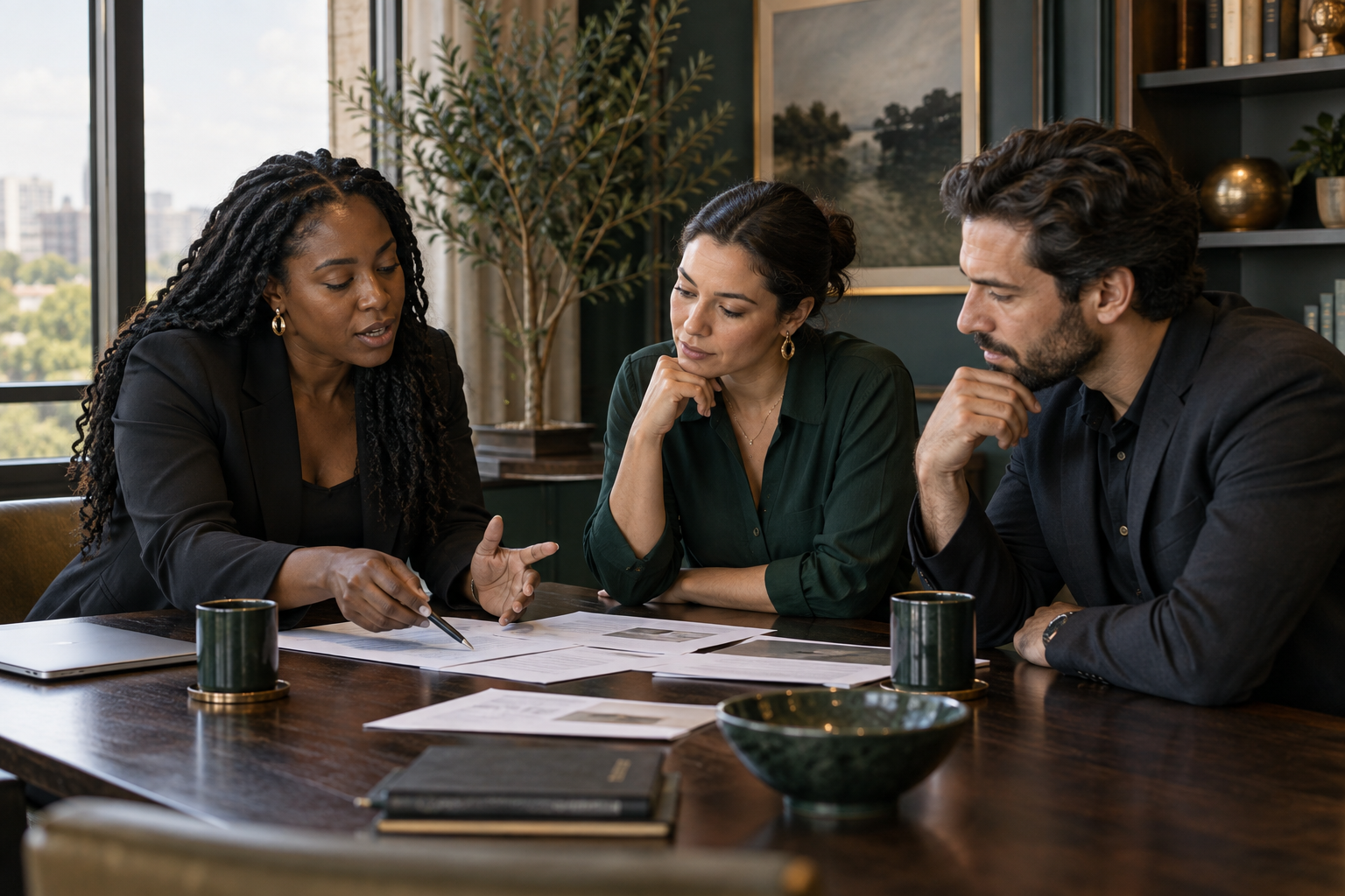 Diverse business professionals collaborating on a strategy at a meeting table